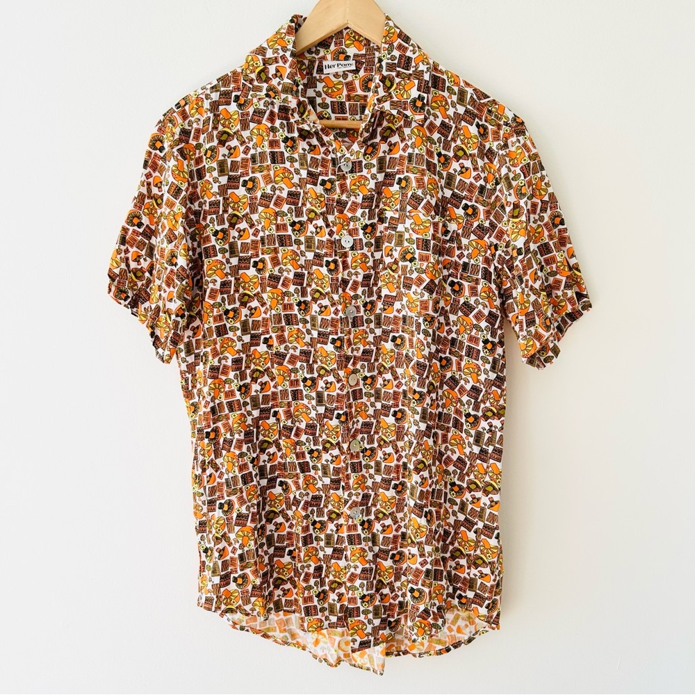 Her Pony Mushroom Print Shirt Button Up SS Festival Coachella Mens Med 42” Chest